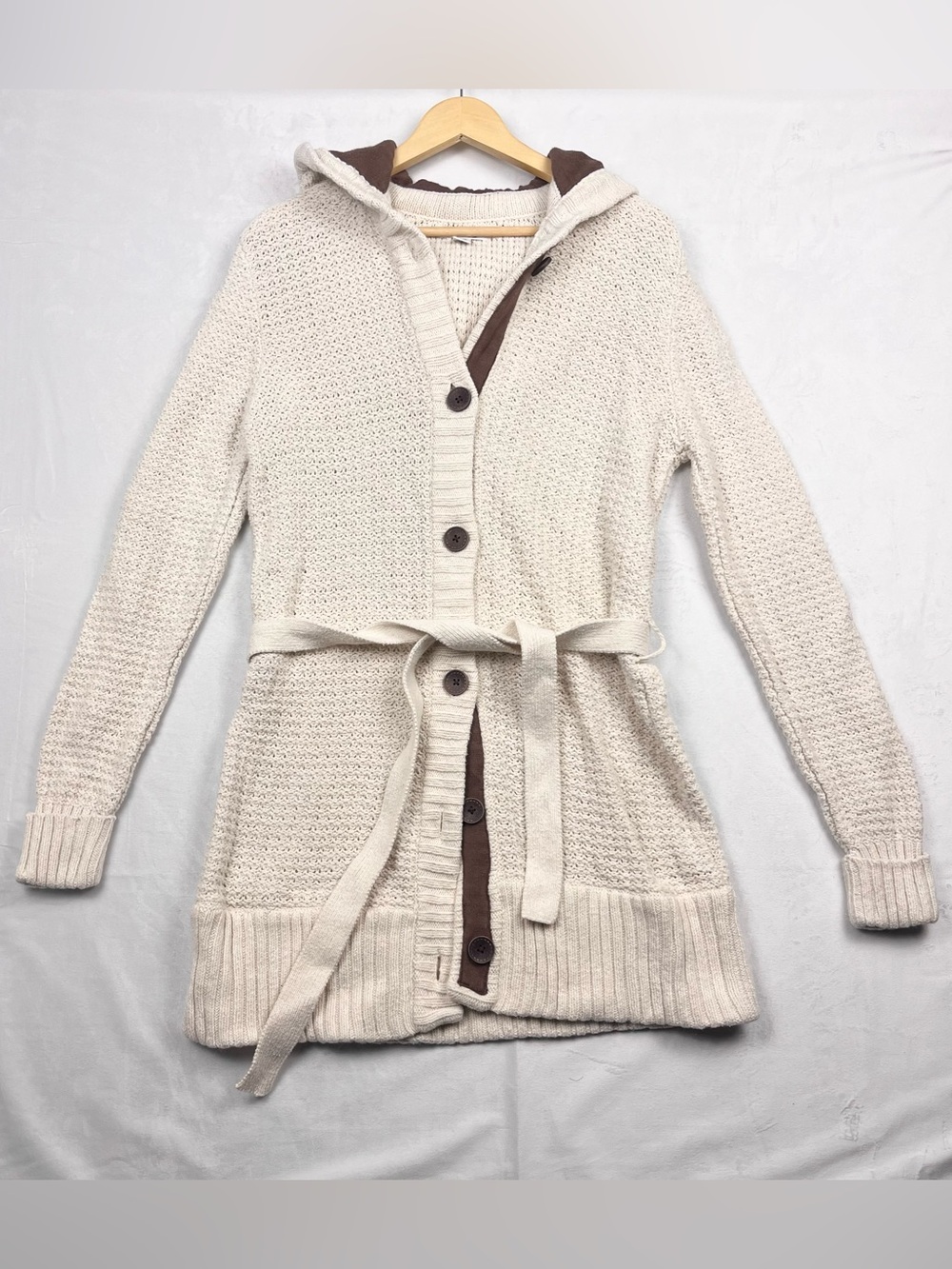 Roots Y2K Rustic Cottagecore Hooded Belted Knit Cardigan Sweater Size XL